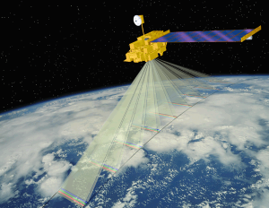 This artist concept depicts how the Multi-angle Imaging SpectroRadiometer (MISR) instrument aboard NASA’s Terra satellite gathers information about Earth’s atmosphere. Geography and Map Division.