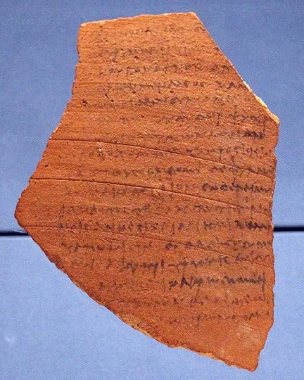 Most of Sappho's poetry is preserved in manuscripts of other ancient writers or on papyrus fragments, but part of one poem survives on a potsherd.[24] The papyrus pictured (left) preserves the Tithonus poem (fragment 58); the potsherd (right) preserves fragment 2.