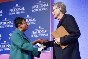 Librarian of Congress Carla Hayden presents Stephen King with a citation honoring his work to promote literacy. Photo by Shawn Miller.