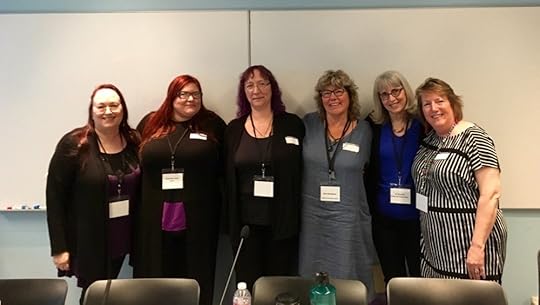 The panel - from left to right: Morticia Knight, Amanda Jean, Charley descoteaux, me, e.j. russell and CJane Elliot