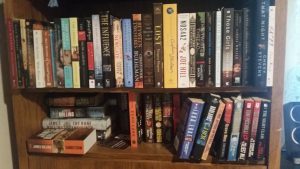 My TBR shelf -- four layers deep on the bottom shelf, but only three layers deep on the upper one. :-)