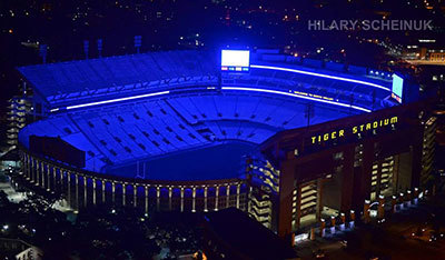 LSU Tiger Stadium in blue 2016 - in remembrance of the law enforcement officers murdered in Baton Rouge on July 17, 2016 - photo by Hilary Scheinuk