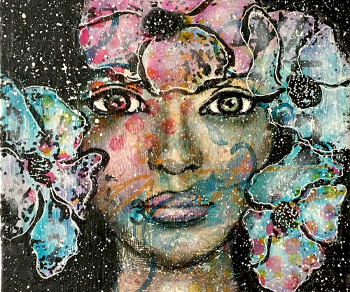 Mixed media girl portrait nika in wonderland