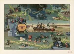 Based on the novel by Mark Twain, this pictorial map by Everett Henry shows Huckleberry Finn’s adventures on the Mississippi River. Cleveland, Ohio: Harris-Intertype Corp., 1959. Geography and Map Division