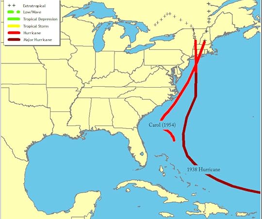 Two hurricane tracks from 1938 and 1954 each affected New England, but their local impacts were quite different. Maps courtesy http://www.nhc.noaa.gov