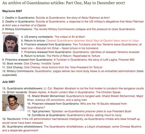 A list of the first 20 articles on my website from May-June 2007. I published my 2700th article, and my 2000th on Guantanamo, in October 2016.