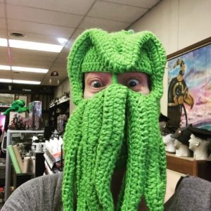 Picture of Cat Rambo in a Cthulhu ski mask.