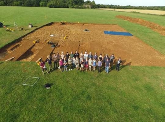 Aerial shot of students at the long barrow excavation site.