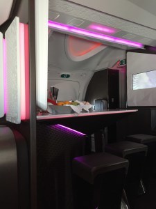 The bar at the entrance to Upper Class, Virgin Air