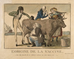 A physician inspects the growth of cowpox on a milking maid' Credit: Wellcome Library, London. Wellcome Images images@wellcome.ac.uk http://wellcomeimages.org A physician inspects the growth of cowpox on a milking maid's hand while a farmer (?) passes another physician a lancet. Coloured etching, c. 1800. Published: [ca. 1800] 