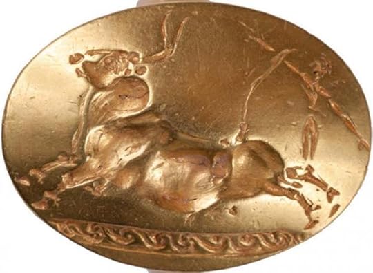 A ring showing a bull which was found in the tomb of the Griffin Warrior.