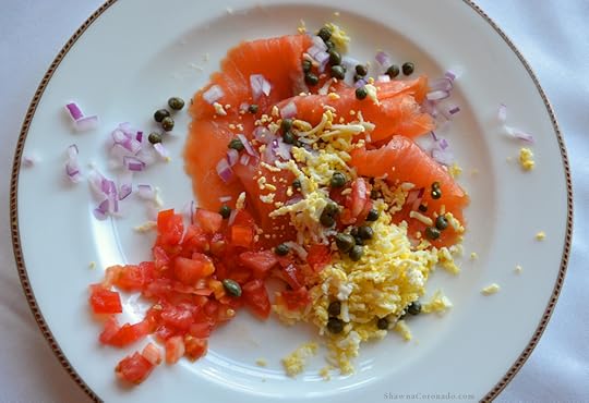 Salmon and hard boiled eggs breakfast photo