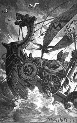 Viking burial, is depicted in the imagination of 19th century artist. Johann Gehrts. Public domain via Wikimedia Commons.