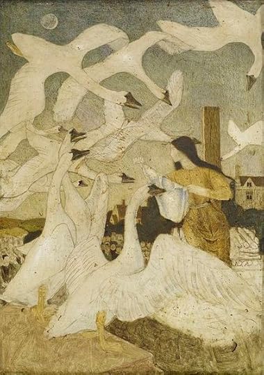The heroine is surrounded by her brothers. The evil stepmother's curse turned them into birds.