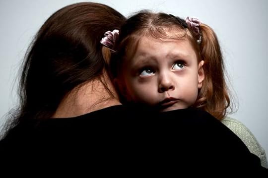 Thinking sad daughter embracing her mother and looking up