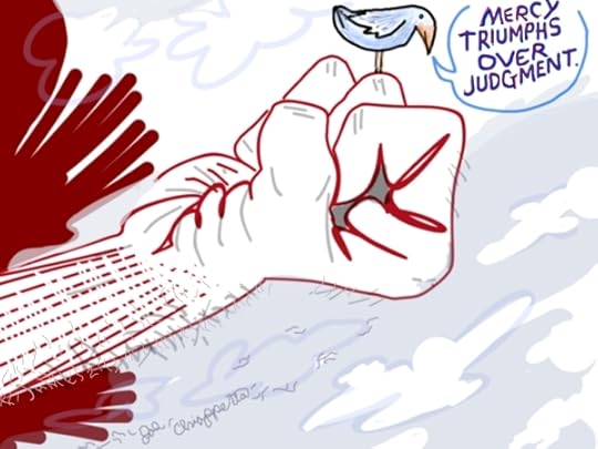 Comic illustration of the biblical concept that mercy triumphs over judgment - by Joe Chiappetta