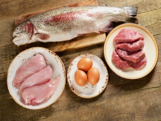 High Protein Foods on wooden table. Top view
