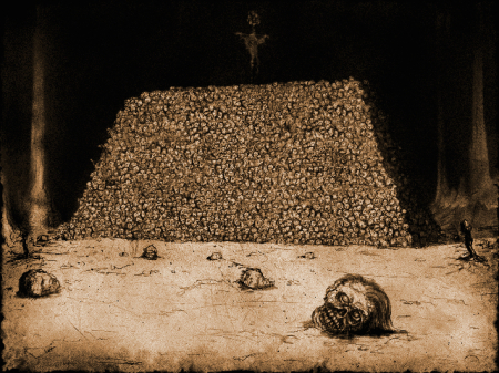 A pyramid of skulls built by the Myrkridia in the Myth games