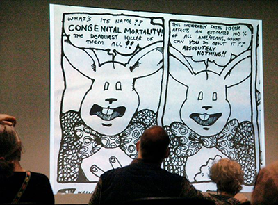  Image from my slide presentation, two panels from an early Portland Scribe comic