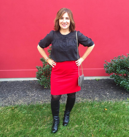 THURSDAY | #FROCTOBER Day 20 | Ready to say hello to our alums at tonight's Affinity Reunion in this #ootd. #anntaylor red skirt; #frenchconnection top; #ninewestboots.