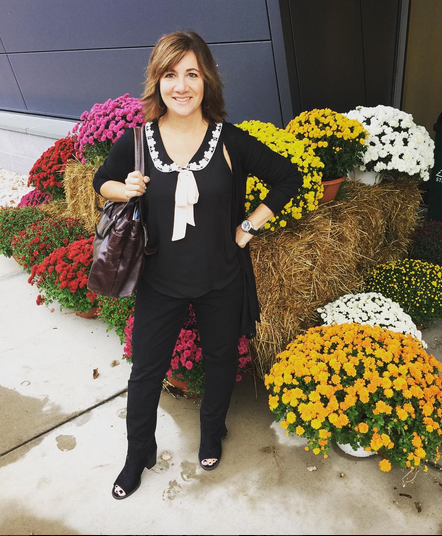 FRIDAY | #FROCKTOBER | Day 21 #currentmood - All in black in this #ootd. #whitehouseblackmarket pants; #laurenconrad bow top and long sweater with lace detail. Fringe booties by #sodashoes. #kennethcole bag.