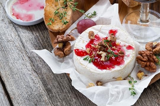 39563986 - delicious appetizers - camembert with berry jam, toast and grapes, top view, close-up, horizontal