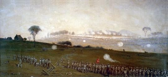 Pickett's Charge from a position on the Confederate line looking toward the Union lines, Ziegler's Grove on the left, clump of trees on right, painting by Edwin Forbes