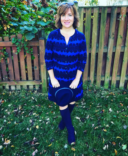#FROCKTOBER | Day 25 Wearing #Boden from top to bottom in today's #ootd -- corduroy dress in navy and medium blue with (Elvis would be happy) blue suede (shoes) boots. #Mudd hat. It's chilly here and feels like fall.