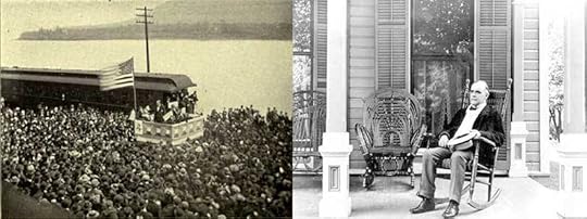 On left, Bryan speaks to a crowd in Wellsville, Ohio, courtesy of his own memoir [The First Battle]. On right, McKinley on his front porch only 50 miles away in Canton, Ohio [Remarkable Ohio].