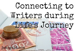 Passport, map, and currency with text: Connecting to Writers during Life's Journey
