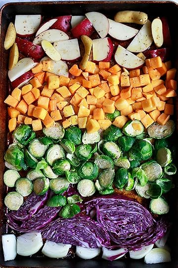 Roasted fall and winter vegetables roasted in a sheet pan for Buddha bowls