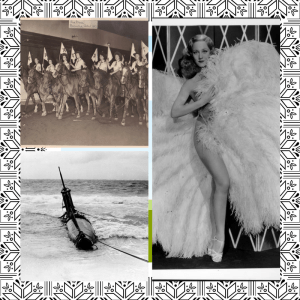 images of Japanese minisub, Red Cross equestrian unit and Sally Rand