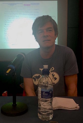 Andy Worthington speaking at an event about Guantanamo, torture and the military commissions at the University of Westminster on November 2, 2016 (photo via Gitmo Watch).