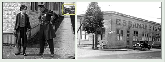 Charlie captures the attention of a policeman in this view looking west along the front of the studio. The bleachers for the adjacent Sullivan Park baseball field (box) appears in the upper right corner.