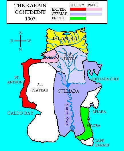 A map of the Karain Semi-Continent based on Austin Tappan Wright's 1942 Utopian novel Islandia. Created by Johnny Pez on 30 March 2006. from wiki.