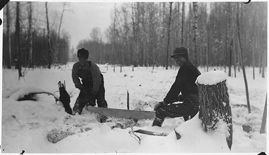 Men Use Crosscut Saw on Snowy Logs