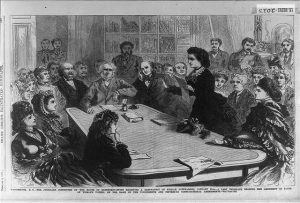 The Judiciary Committee of the House of Representatives receiving a deputation of female suffragists. The woman speaking is identified as Victoria Woodhull. 1871. Prints and Photographs Division. 