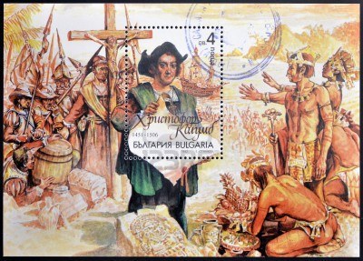 14288291-bulgarije--circa-1992-een-stempel-gedrukt-in-bulgarije-toont-christoffel-columbus-in-de-nieuwe-werel