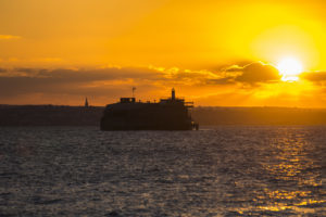 Sunset over Spitbank Fort Hotel in the Solent at Portsmouth