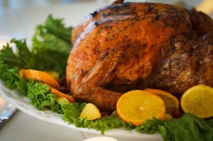 Turkey with leaves and oranges for christmas and thanksgiving