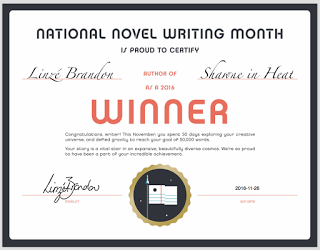Linzé Brandon, NaNoWriMo winner certificate, 2016