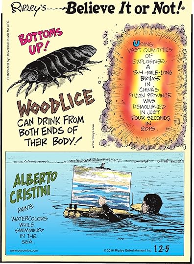 Woodlice can drink from both ends of their body! -------------------- Alberto Cristini paints watercolors while swimming in the sea. -------------------- Using vast quantities of explosives, a 3.5-mile-long bridge in China's Fujian province was demolished in just four seconds in 2015.