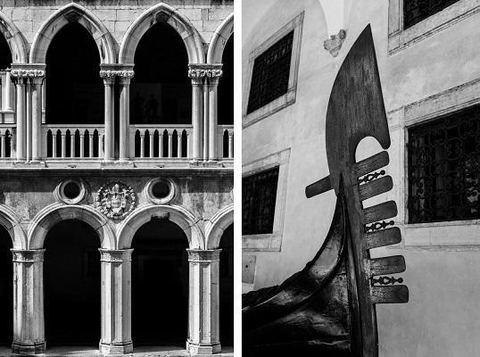Two black and white photos side by side, one of arches, the other of a gondola ferro.