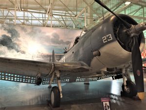 US SBD Dauntless dive-bomber like those used in the Battle of Midway 4-6 June 1942. Diorama at Pacific Aviation Museum. (Photo: Sarah Sundin, 7 Nov 2016)