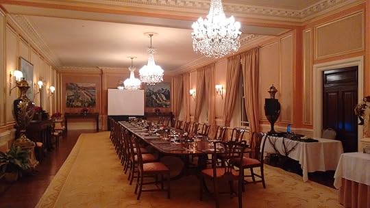 A dining table set for 24