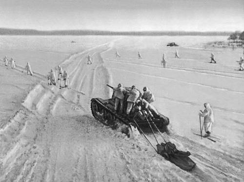 Soviet troops advancing on skis, near Moscow, Russia, Dec 1941 (Public domain via WW2 Database)
