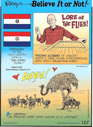 Paraguay is the only country with a two-sided flag! Submitted by Richard Gibson, Lafayette, LA -------------------- Fredrik Sjoberg of Sweden wrote a three-volume autobiographical work about collecting flies! -------------------- An ostrich can produce over 1,500 chicks in a lifetime!