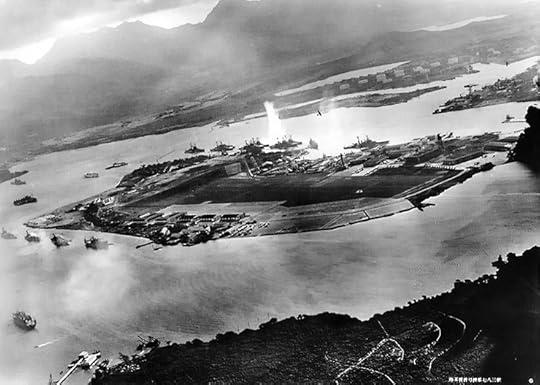 Aerial view of Ford Island in Pearl Harbor during the Japanese attack, 7 Dec 1941; photo taken from a Japanese aircraft (US Naval History & Heritage Command: NH 50930)