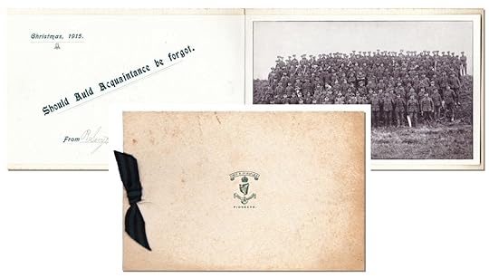The front of the card shows the Battalion crest comprising a scroll with the Battalion name, a Tudor crown over the winged-maiden Irish harp, the Regimental motto Quis Separabit [Who shall separate (us)?], the bugle associated with rifle regiments and light infantry, and the descriptor ‘Pioneers’, the role of the Battalion. The interior had space for a photograph (in this case No. 2 Company). The card is tied with a black and green ribbon, the colours traditionally associated with rifle regiments.