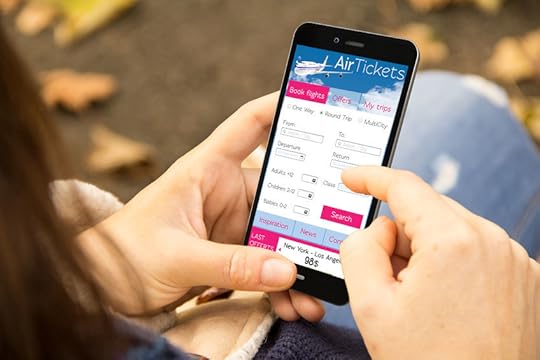 47495559 - e-commerce concept: young woman with tickets flights application phone at the park.